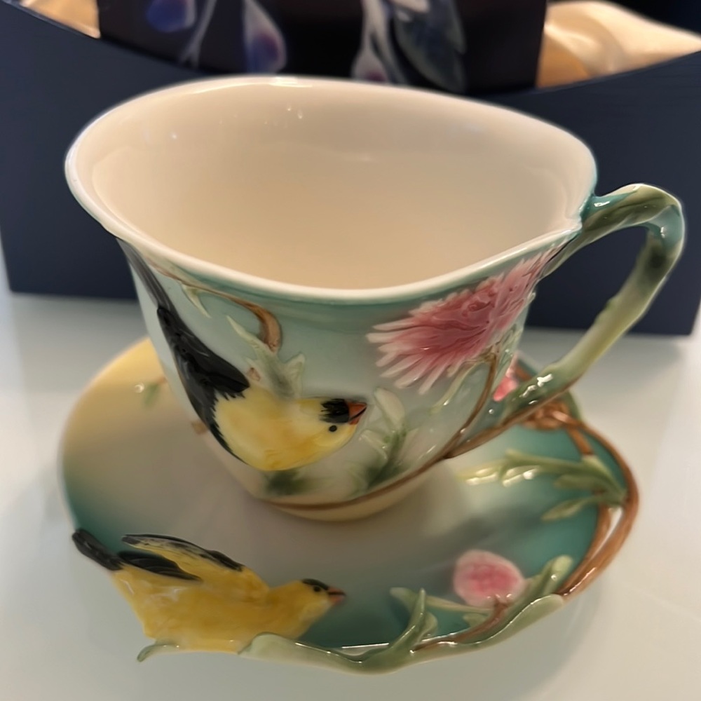 Franz Porcelain Goldfinch and Thistle Cup Saucer